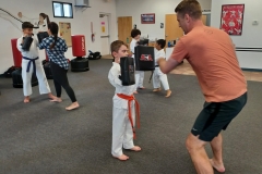 Dad works on punches while his son holds the targets on "Bring Your Parents to Class Day!"