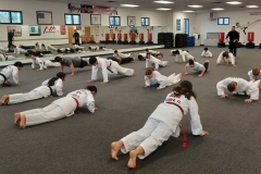 KFMA Family classes always begin with a light warm-up, frequently focusing on a mixture of calisthenics and gross motor skills. 