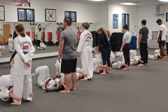 Students, parents and kids working on a lower ab drill, as these are the same muscles used in chambering the legs for kicking! 