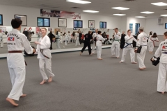In KFMA Family classes, Kids, Adults and Teens train together on reaction/target drills!